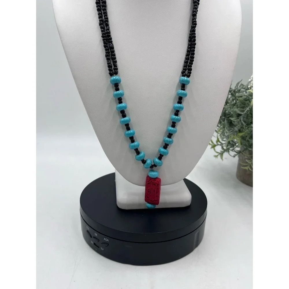 Blue Turquoise Beads and Red Cinnabar‎ Pendant Necklace